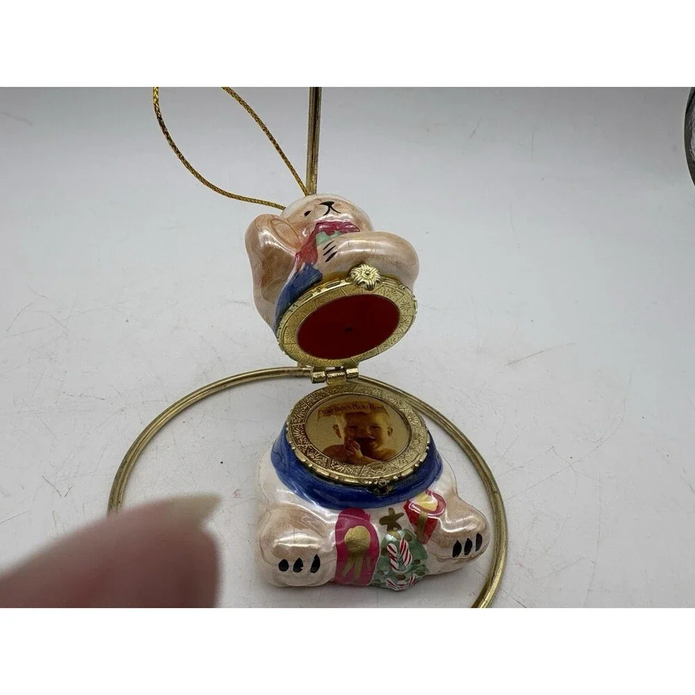Vintage Teddy Bear Baby Photo Locket Christmas Ornament Ceramic Keepsake